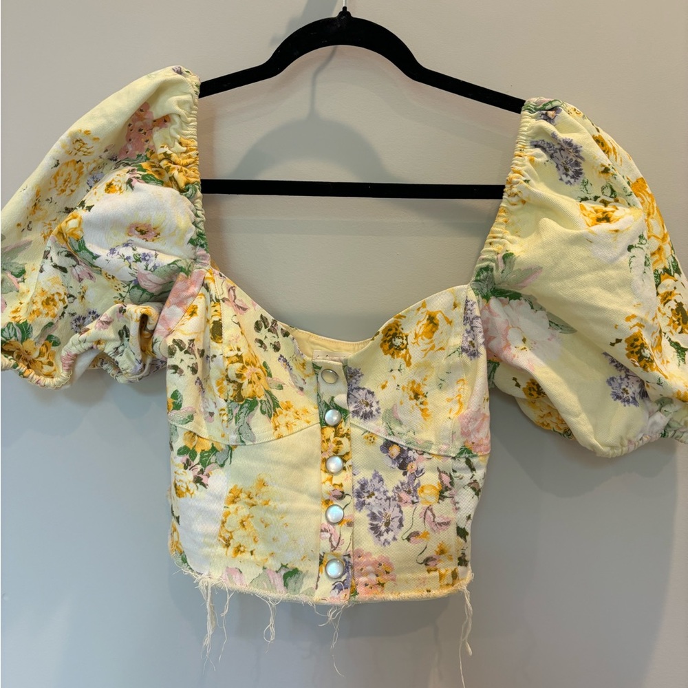 For Love And Lemons Yellow Puff Sleeve Crop Blouse